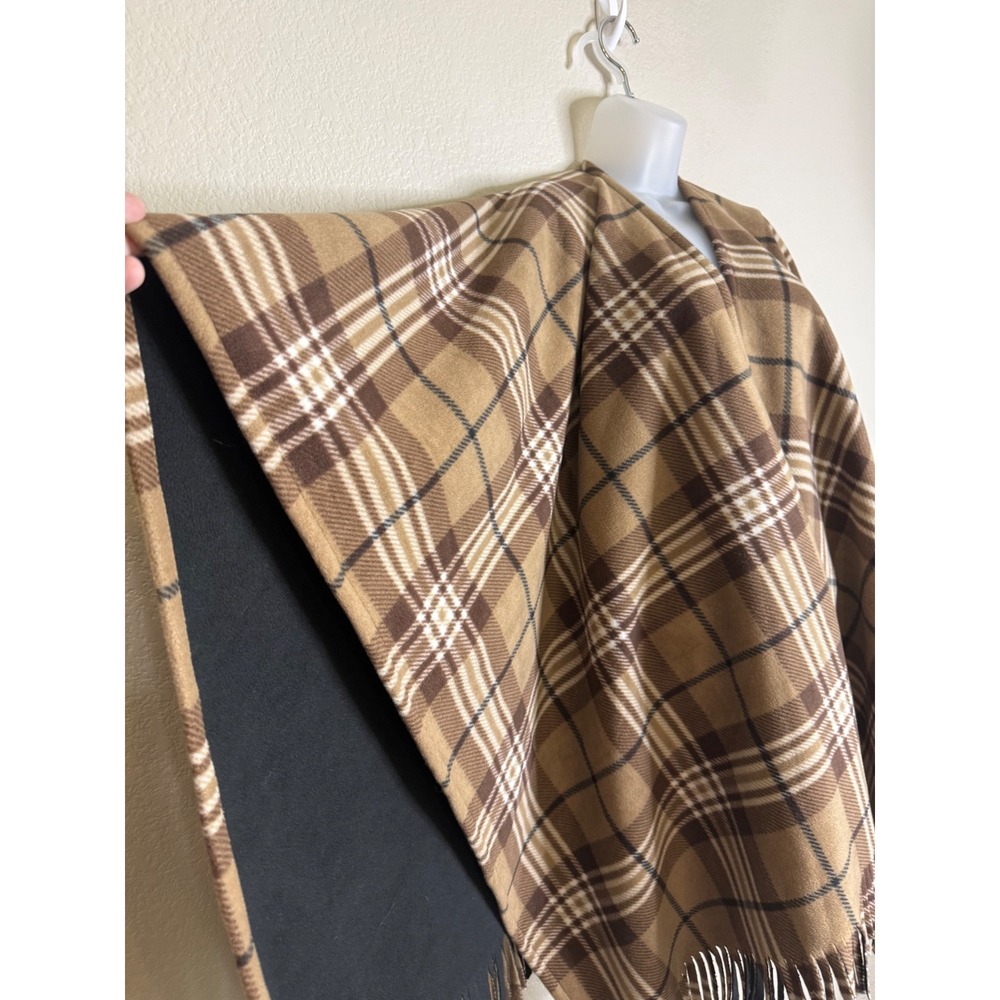 Martha Stewart Womens OS Poncho Brown Plaid Fringe Trim Fleece Wrap Cape Chic